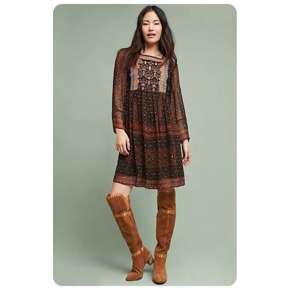Anthropologie Boho Black and Brown Printed Peasant Dress